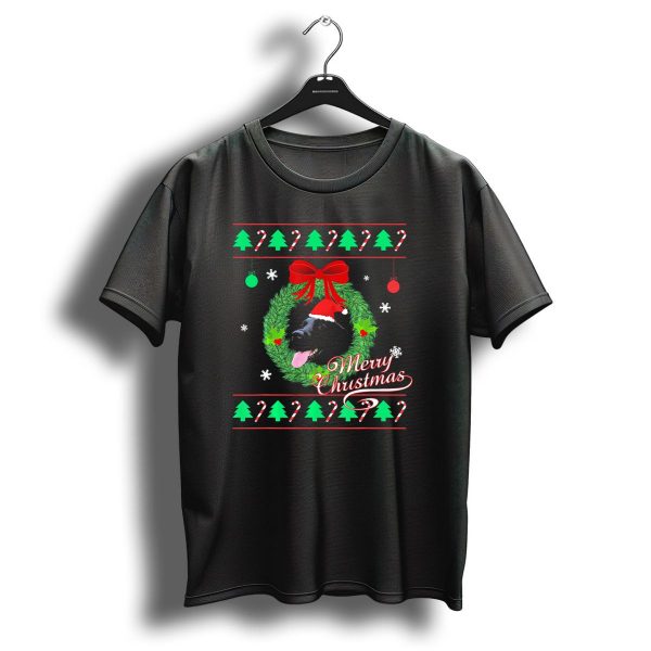 Merry Christmas Black Lab Puppy In Santa Hat With Wreath And Candy Canes T Shirt 1 t shirt 1