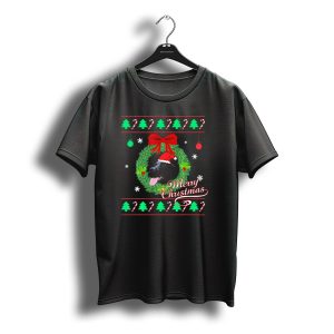 Merry Christmas Black Lab Puppy In Santa Hat With Wreath And Candy Canes T-Shirt