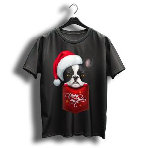 Merry Christmas Black White French Bulldog In Santa Hat Red Chest Pocket T Shirt