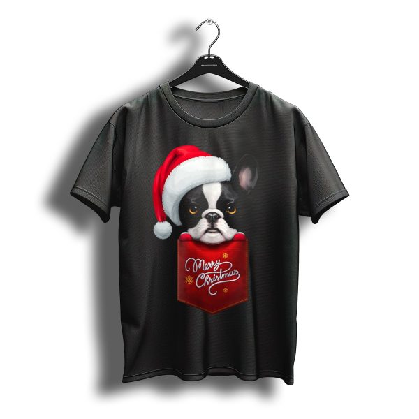Merry Christmas Black White French Bulldog In Santa Hat Red Chest Pocket T Shirt t shirt 1