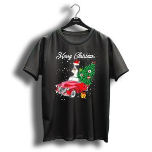 Merry Christmas Border Collie In Santa Hat Driving Red Truck With Christmas Tree And Gifts T Shirt