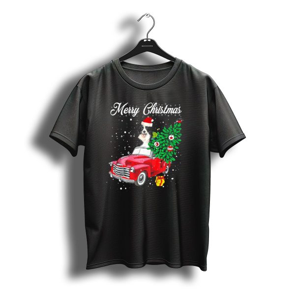 Merry Christmas Border Collie In Santa Hat Driving Red Truck With Christmas Tree T Shirt t shirt 1
