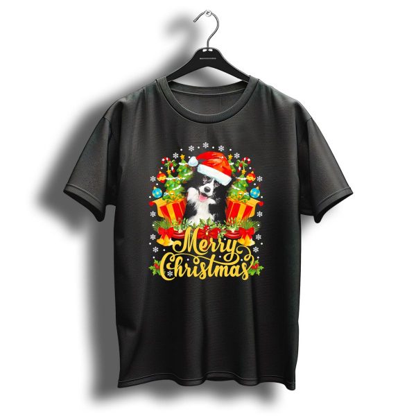 Merry Christmas Border Collie Santa Hat Festive Cheer With Gifts And Candy Canes T Shirt 1 t shirt 1