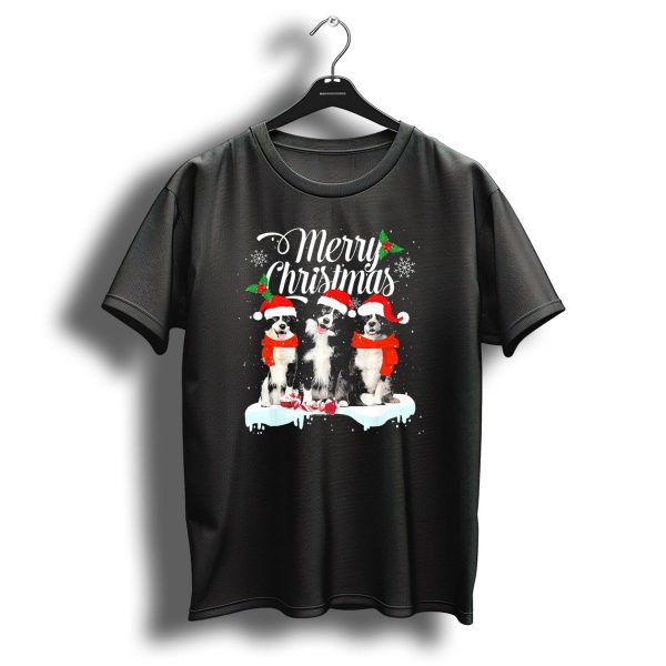 Merry Christmas Border Collie Trio With Santa Hats And Snowflakes T Shirt 1 t shirt 1