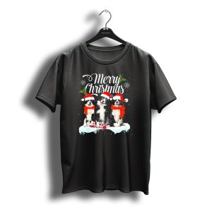 Merry Christmas Border Collie Trio With Santa Hats And Snowflakes T-Shirt