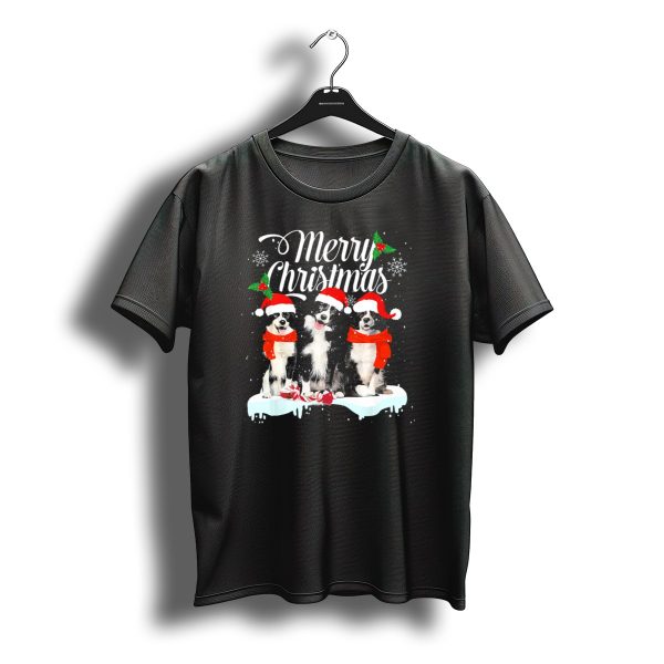 Merry Christmas Border Collie Trio With Santa Hats And Snowflakes T Shirt t shirt 1