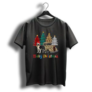 Merry Christmas Boston Terrier Leopard Plaid Truck Trees T Shirt