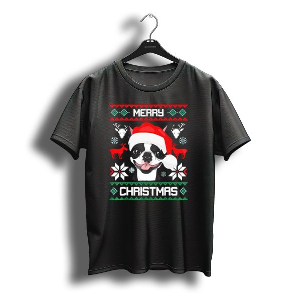 Merry Christmas Boston Terrier Santa Hat Ugly Sweater Holiday T Shirt t shirt 1