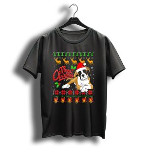 Merry Christmas Boxer Santa Hat Poinsettia Reindeer Snowflakes T Shirt