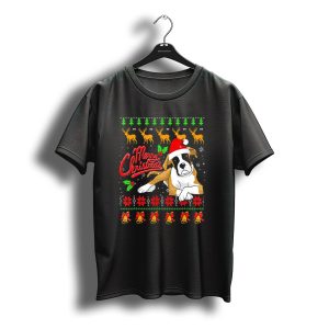 Merry Christmas Boxer Santa Hat Poinsettia Reindeer Snowflakes T-Shirt