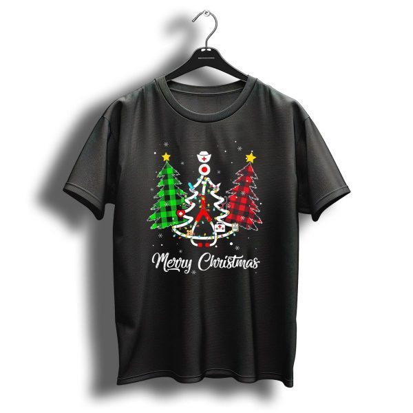 Merry Christmas Buffalo Plaid Nurse Stethoscope Christmas Trees T Shirt 1 t shirt 1
