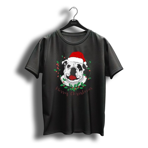 Merry Christmas Bulldog Santa Hat Wreath T Shirt t shirt 1