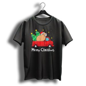 Merry Christmas Capybara Santa Hat Red Truck Christmas Trees T Shirt