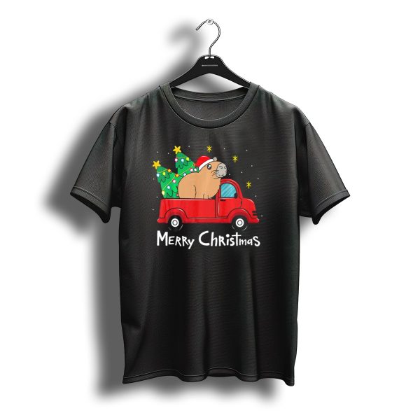 Merry Christmas Capybara Santa Hat Red Truck Christmas Trees T Shirt t shirt 1