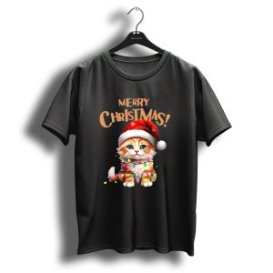 Merry Christmas Cat Santa With Lights T Shirt