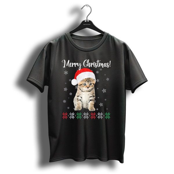 Merry Christmas Cat Wearing Santa Hat With Snowflakes And Festive Stars T Shirt 1 t shirt 1