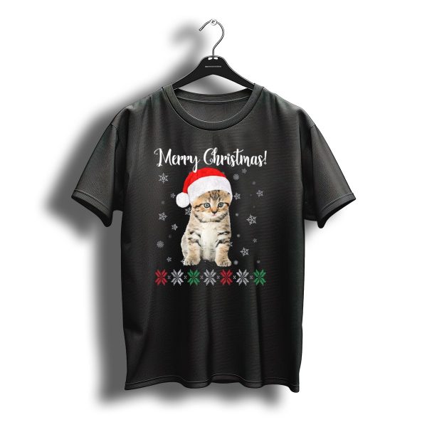 Merry Christmas Cat Wearing Santa Hat With Snowflakes And Festive Stars T Shirt t shirt 1