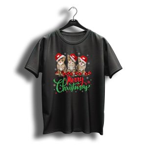 Merry Christmas Cats In Santa Hats With Lights And T-Shirt