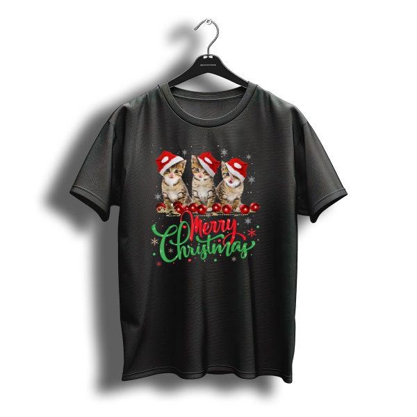 Merry Christmas Cats In Santa Hats With Lights And T Shirt t shirt 1