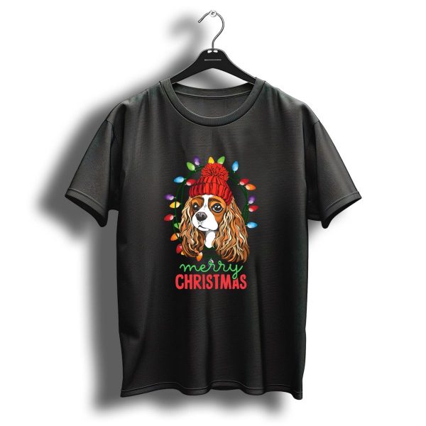 Merry Christmas Cavalier King Charles Spaniel In Festive Hat With Holiday Lights T Shirt 1 t shirt 1