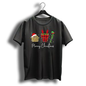 Merry Christmas Chef Santa Hat Reindeer Lights Buffalo Plaid And Leopard Print T Shirt