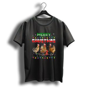 Merry Christmas Chickens With Festive Lights And Santa Hats T Shirt