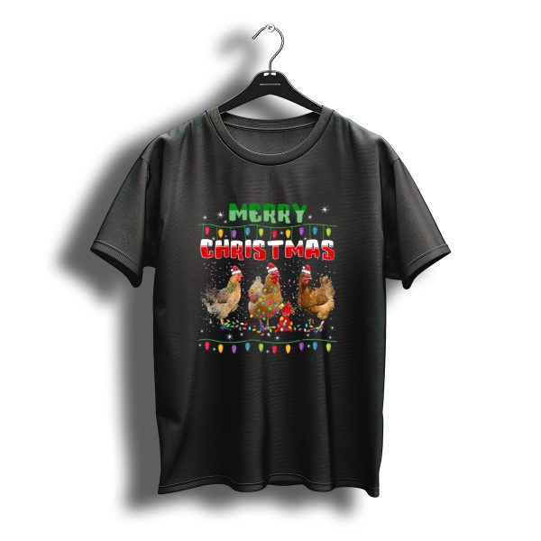 Merry Christmas Chickens With Festive Lights And Santa Hats T Shirt t shirt 1