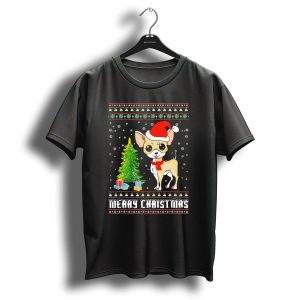 Merry Christmas Chihuahua With Santa Hat And Tree T Shirt