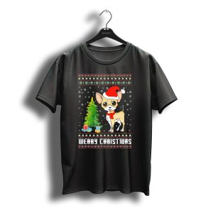 Merry Christmas Chihuahua With Santa Hat And Tree T-Shirt