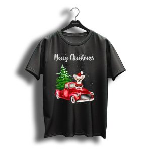 Merry Christmas Chihuahua With Santa Hat Riding Red Truck And Christmas Tree T-Shirt