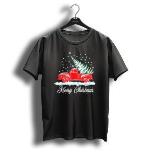 Merry Christmas Classic Old Red Truck With Xmas Tree Snowflakes T Shirt