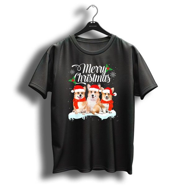 Merry Christmas Corgi Dogs In Santa Hats And Scarves T Shirt 1 t shirt 1