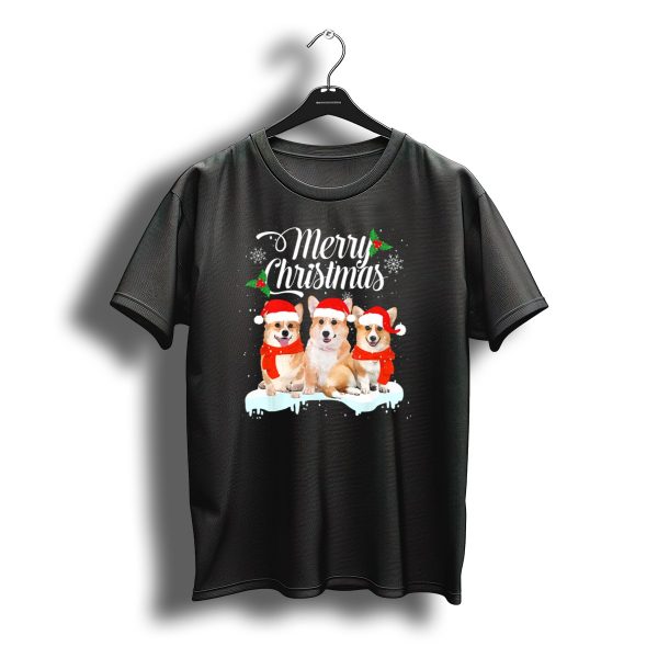 Merry Christmas Corgi Dogs In Santa Hats And Scarves T Shirt t shirt 1
