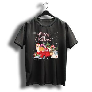 Merry Christmas Corgi On Red Truck With Snowman And Candy Canes T Shirt