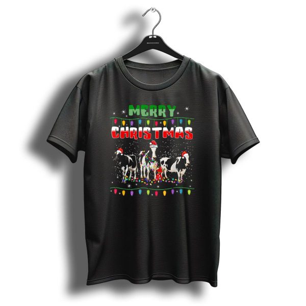 Merry Christmas Cows With Holiday Lights And Santa Hats T Shirt 1 t shirt 1