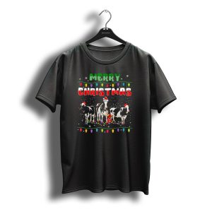 Merry Christmas Cows With Holiday Lights And Santa Hats T-Shirt