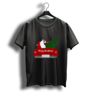 Merry Christmas Cute Bull Terrier In Red Truck With Tree T-Shirt