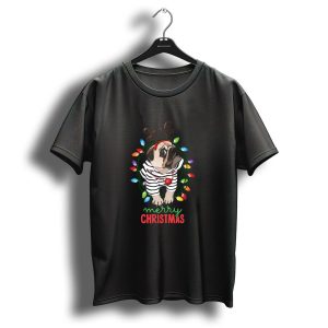 Merry Christmas Cute Funny Pug Puppy With Antlers And Lights T-Shirt