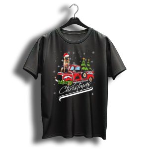 Merry Christmas Cute German Shepherd On Red Truck With Christmas Trees T-Shirt