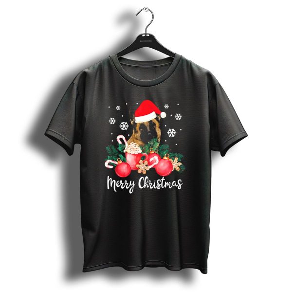 Merry Christmas Cute German Shepherd Santa Hat Snowflakes Candy Cane Ornaments T Shirt 1 t shirt 1
