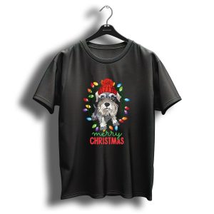 Merry Christmas Cute Schnauzer With Festive Lights And Red Beanie T-Shirt