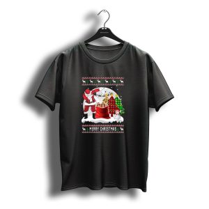 Merry Christmas Dabbing Santa With Rugby Balls Snowman And Plaid Christmas Trees T-Shirt