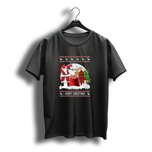 Merry Christmas Dabbing Santa With Rugby Balls Snowman And Plaid Christmas Trees T Shirt t shirt 1