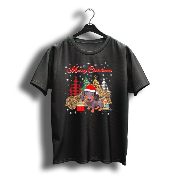Merry Christmas Dachshund Santa Hat Leopard Plaid Trees Snowflakes And Gifts T Shirt t shirt 1