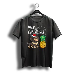Merry Christmas Dachshund Santa Hat Pineapple Snowflakes T-Shirt
