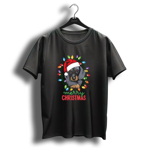 Merry Christmas Dachshund Santa Hat With Colorful Holiday Lights T Shirt 1 t shirt 1