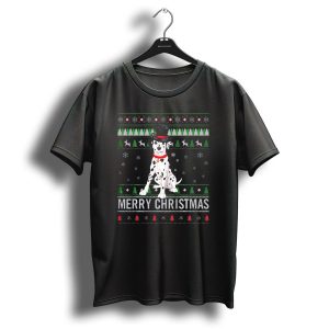 Merry Christmas Dalmatian Dog With Festive Hat And Holiday T-Shirt