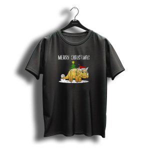 Merry Christmas Dino Triceratops Dinosaur Santa Hat Snowman Tree T-Shirt