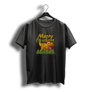 Merry Christmas Dinosaur With Santa Hat And Christmas Trees T-Shirt