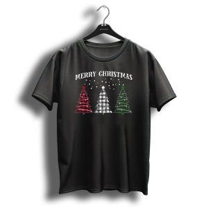 Merry Christmas Distressed Red White Green Plaid Trees T Shirt 1